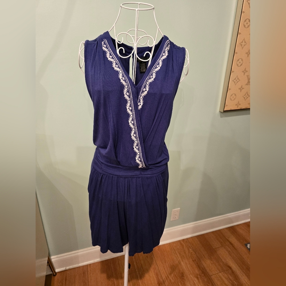 Navy Romper by Design History with white embroidery design, Size Medium.